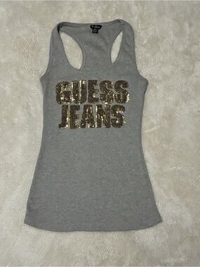 Guess Gray Racerback Tank with Gold Sequin Logo
